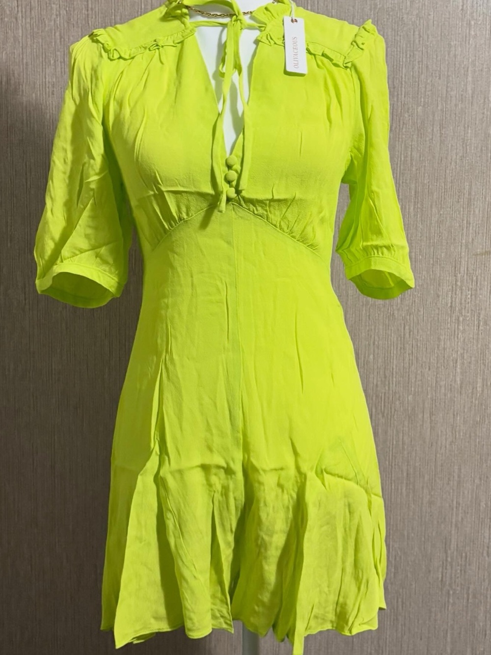 Olivaceous Neon Lime Ruffle-Trim V-Neck Mini Dress